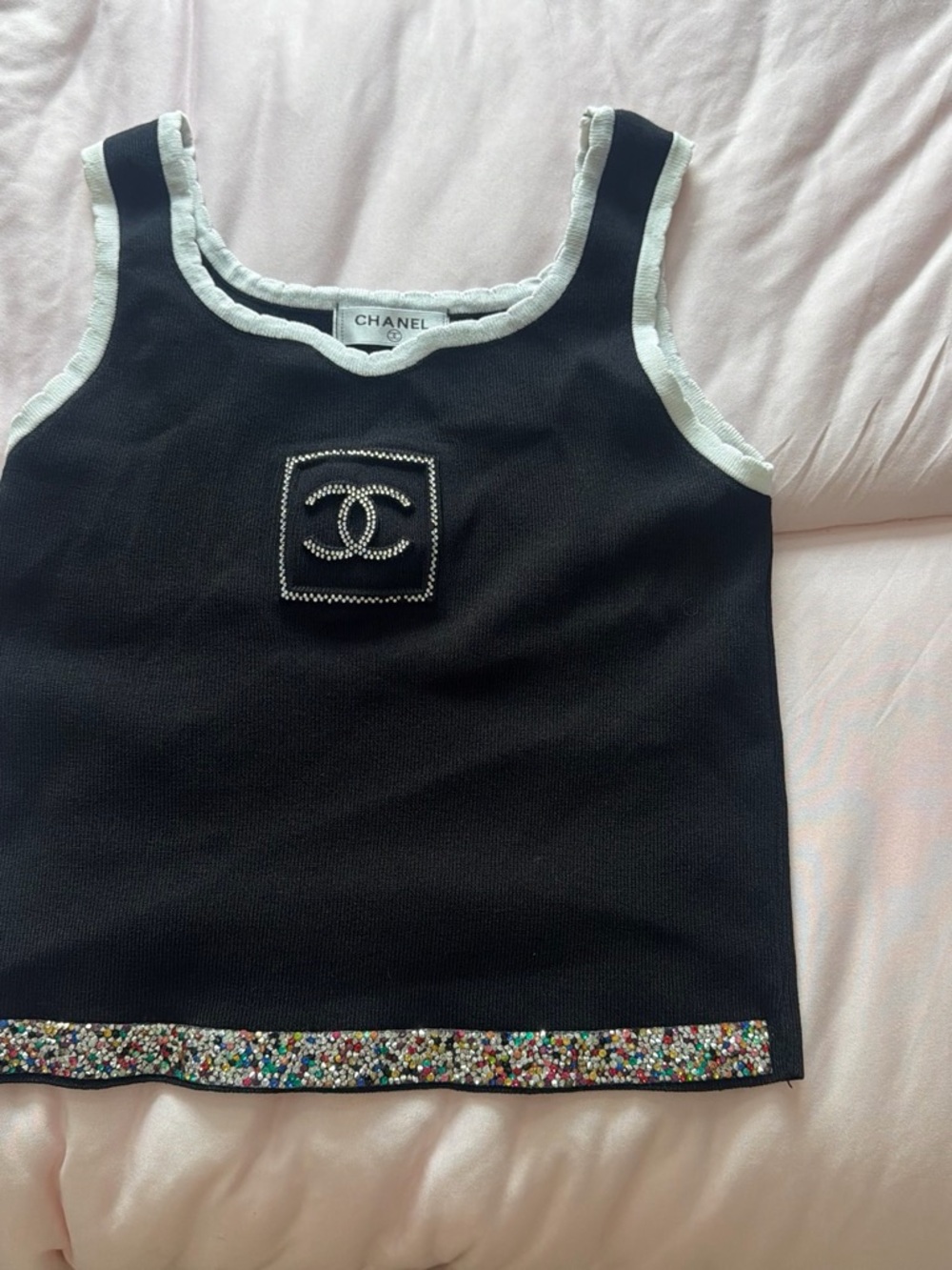 CHANEL Black Tank Top with White Trim and Multicolor Hem Embellishment